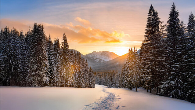 Ein makelloses, schneebedecktes Tal tief in der Wildnis, ges&auml;umt von hohen Kiefern, die sich durch den unber&uuml;hrten Schnee bis zu einer entfernten Bergkette erstrecken.