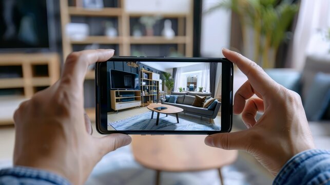 Augmented reality shopping experience, with a person using a smartphone to visualize furniture in their living room with copy space