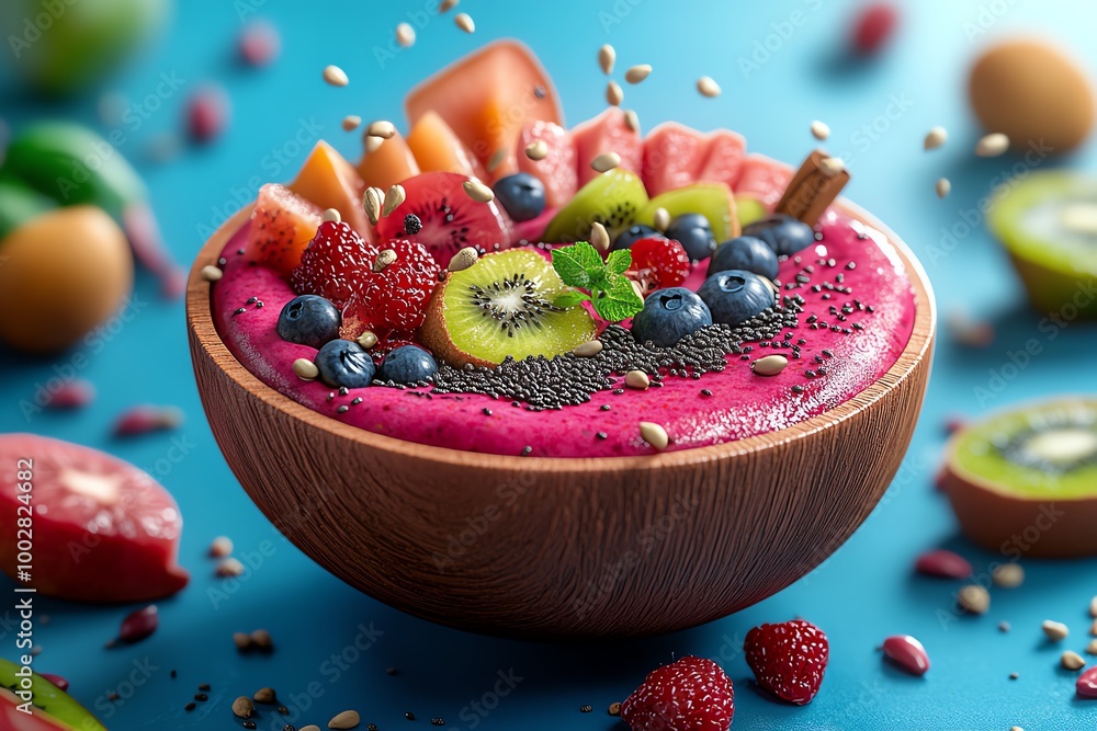 Poster 3D digital model of a smoothie bowl, with detailed fruits, seeds, and textures fully animated in a dynamic, interactive digital setting