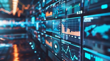 A wall of digital screens displaying financial data and charts.