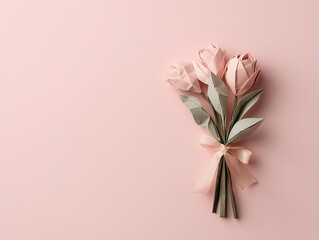Fototapeta premium Set of origami flowers with stems, tied together with a ribbon, origami bouquet, flower arrangement gift
