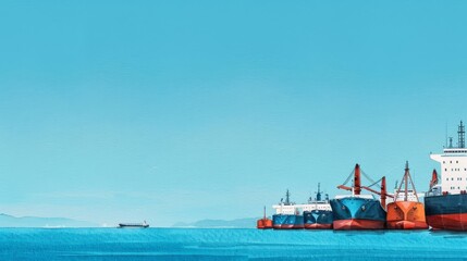 Cargo ships docked at a port, with a blue sky and calm water.