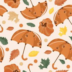 seamless autumn pattern with umbrellas with design of orange pumpkins, pumpkins and autumn leaves on white background, vector