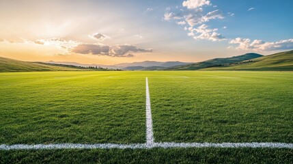 A vibrant soccer field with well-kept grass, white lines, and a serene landscape with distant hills