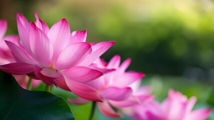 Obraz premium Close-up of pink lotus flowers in bloom, with soft green background.
