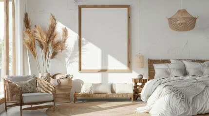 Bohemian bedroom interior with rattan furniture and pampas grass.