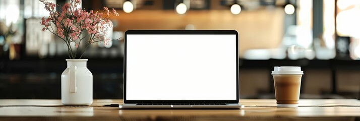 Laptop with blank screen on wooden table, beside coffee cup and flower vase.