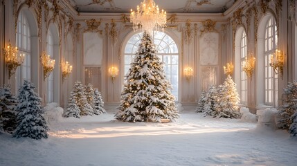 Breathtaking scene of a snow covered Christmas tree adorned with sparkling ornaments standing tall in an exquisite ornately decorated baroque style castle interior  The grand