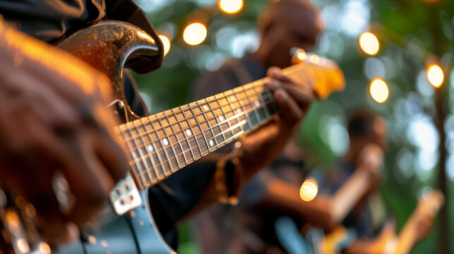 Close-up of a guitarist playing on stage with string lights in the background. - Powered by Adobe