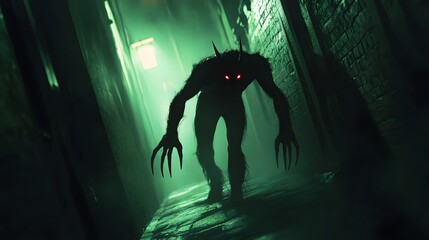 27. A horror figure with sharp claws and glowing eyes standing in the shadows of a dark alley
