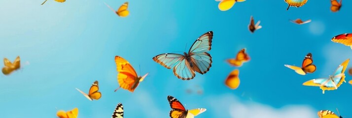 Colorful tropical butterflies in flight, represents the beauty of nature, with copy space