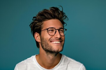 Obraz premium Happy man with glasses smiling and looking up.