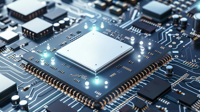 Concept of quantum computing with CPU processors and quantum qubits, showcasing advanced intelligent computing technology with copy space
