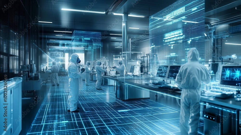 Poster advanced technology lab featuring scientists in protective gear working with futuristic displays and