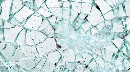 Close-up of shattered glass with sharp edges and a white background.
