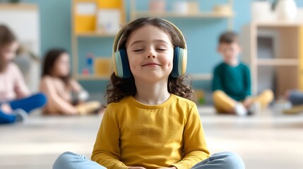 A child sitting calmly in a bustling environment finding solace and tranquility by using noise cancelling headphones to create a personal space of serenity and focus