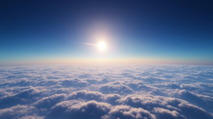 A serene morning sky above sparse clouds, deep blue with a tiny bright sun
