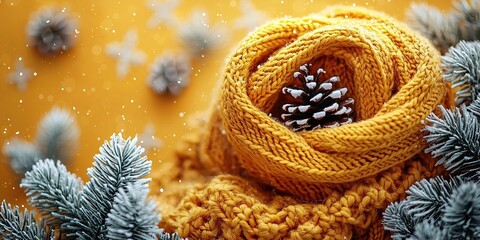 Wintery Golden Knit Scarf With Pine Cone