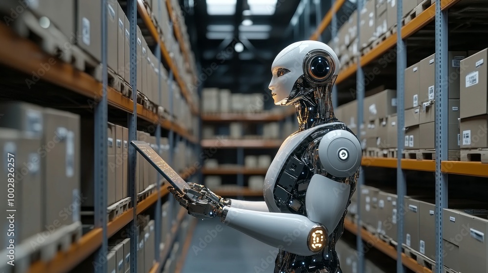 Poster a robot is standing in a warehouse and is holding a tablet