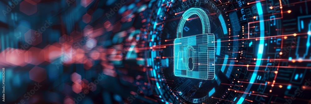 Poster cybersecurity concept with a digital lock on a circuit board background