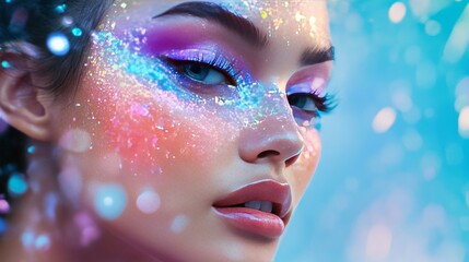 makeup look inspired by fantasy themes like fairies, mermaids, or mystical creatures. These looks can feature unconventional color palettes, like neon, iridescent, or holographic finishes 