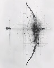 Abstract geometric Sagittarius zodiac sign tattoo design with archery bow and arrow made of clean lines and geometric shapes