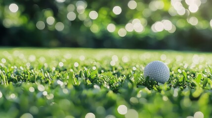 Close-up of a golf ball on a tee with lush green grass and a blurred green bokeh effect enhancing the serene ambiance