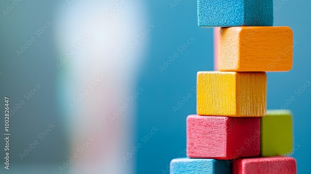 Poster a close up image of a carefully constructed tower made from colorful blocks highlighting the intrica