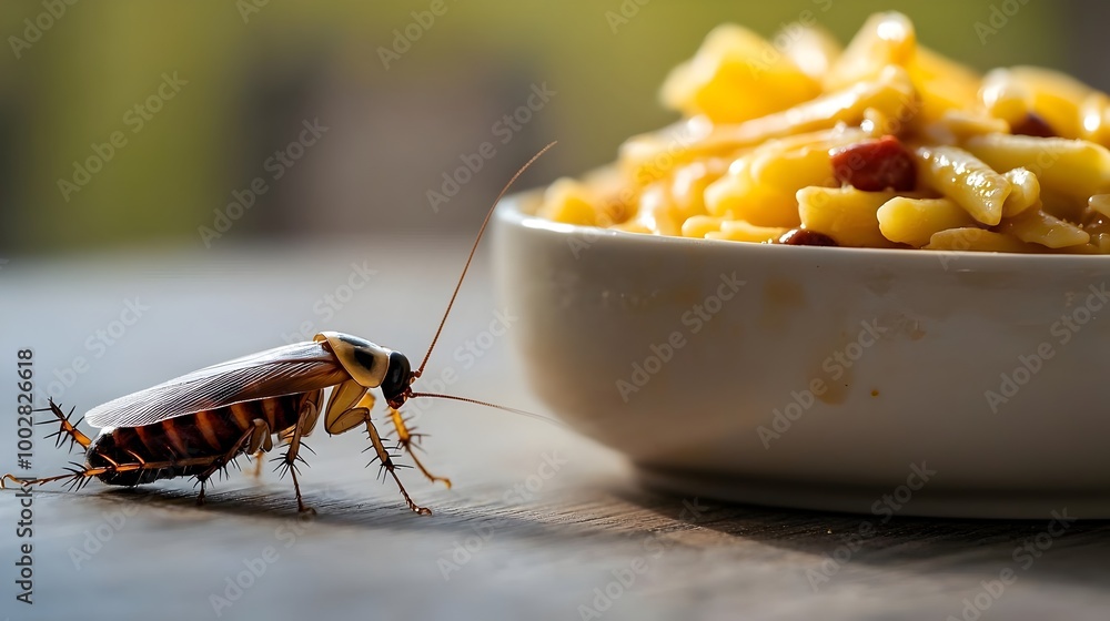 Poster a close up shot of a cockroach crawling near a bowl of pasta with the glossy sauce reflecting the li