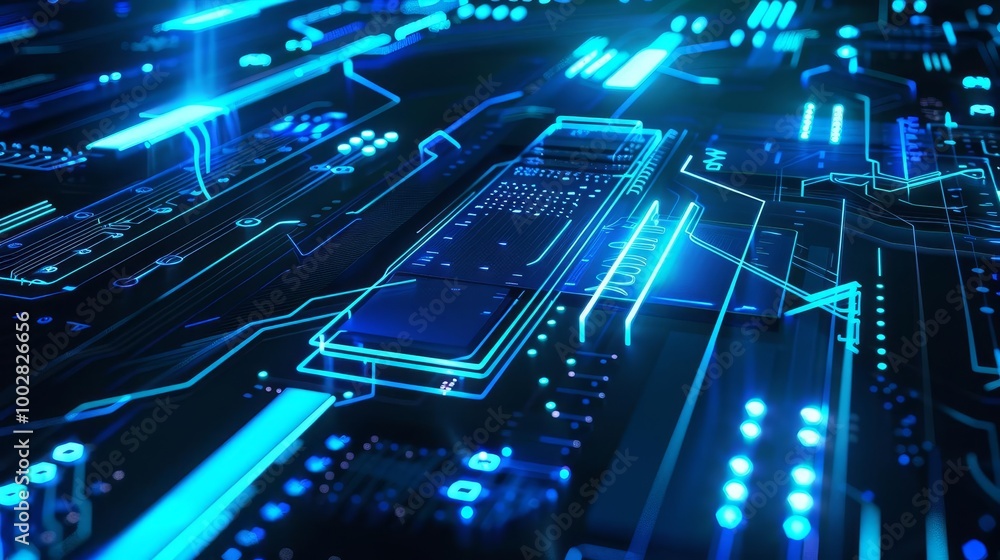 Poster abstract blue glowing circuit board with data flow and connection. technology concept.