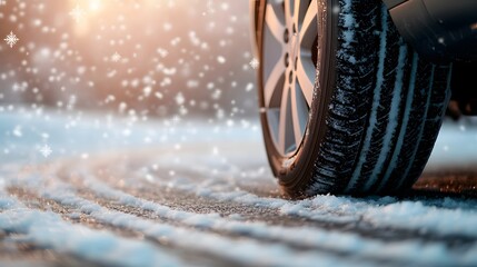 Car tires gripping a snowy road, leaving detailed tread marks.