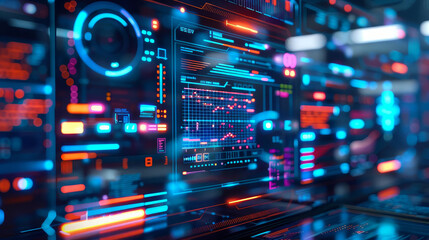 Fototapeta premium Abstract futuristic digital interface with glowing blue and red lights.