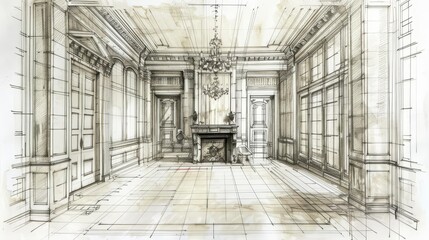 Fototapeta premium Hand drawn sketch of a luxurious living room with fireplace and chandelier.