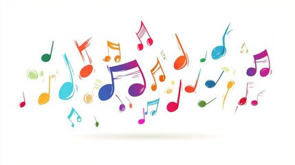 Colorful musical notes dance in the air against a white background, creating a vibrant soundscape