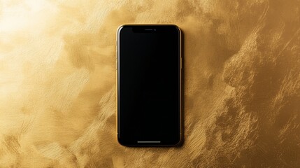 A smartphone lying on a golden textured surface in a well-lit room during daylight hours