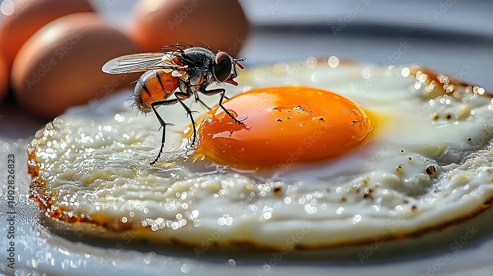 Poster a close up view of a fly delicately walking across the glossy golden yolk of a sunny side up egg set