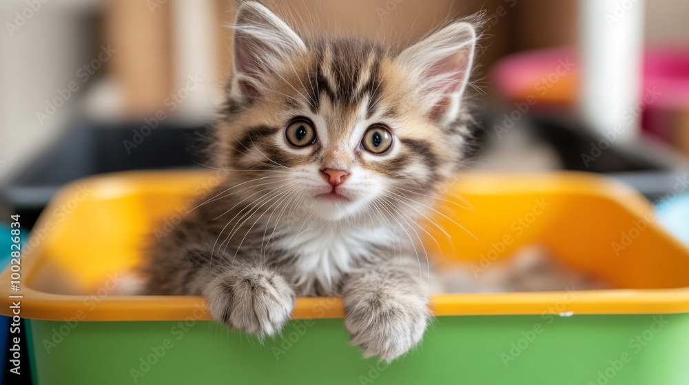 Poster a playful shot of a curious kitten exploring a colorful litter box, with soft fur and bright eyes, c