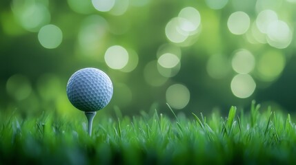 Close-up of a golf ball on a tee with vivid green grass and a soft green bokeh background creating a tranquil atmosphere