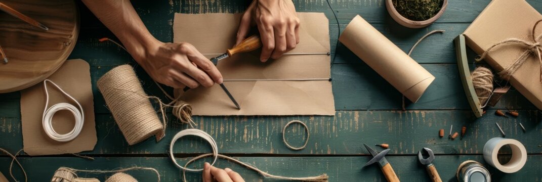 DIY project in progress showing hands working with tools and materials to create a custom home decor item with copy space