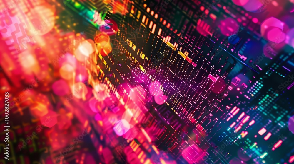Poster abstract digital background with vibrant colors and bokeh lights.