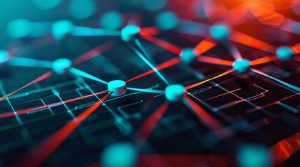 Abstract network connection with glowing blue and red nodes.  Cyberpunk technology concept.