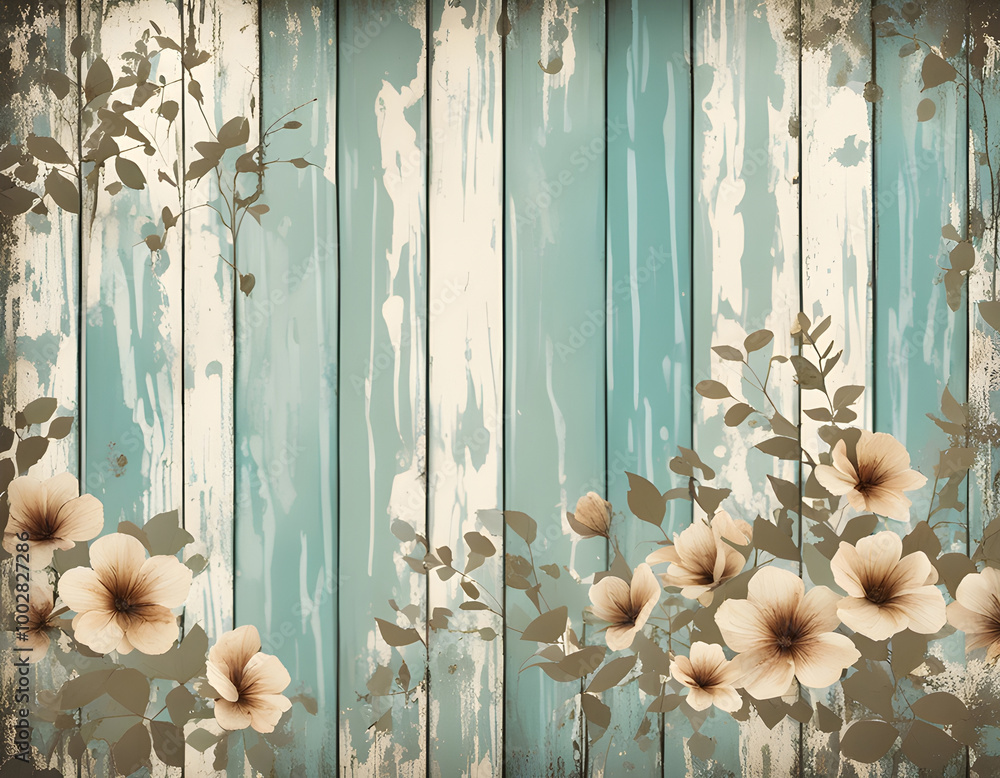 Wall mural vintage nature wood and silhouette flowers background with peeling paint