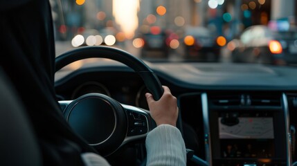A close-up view of a driver's hand on the steering wheel, driving through a city at night.