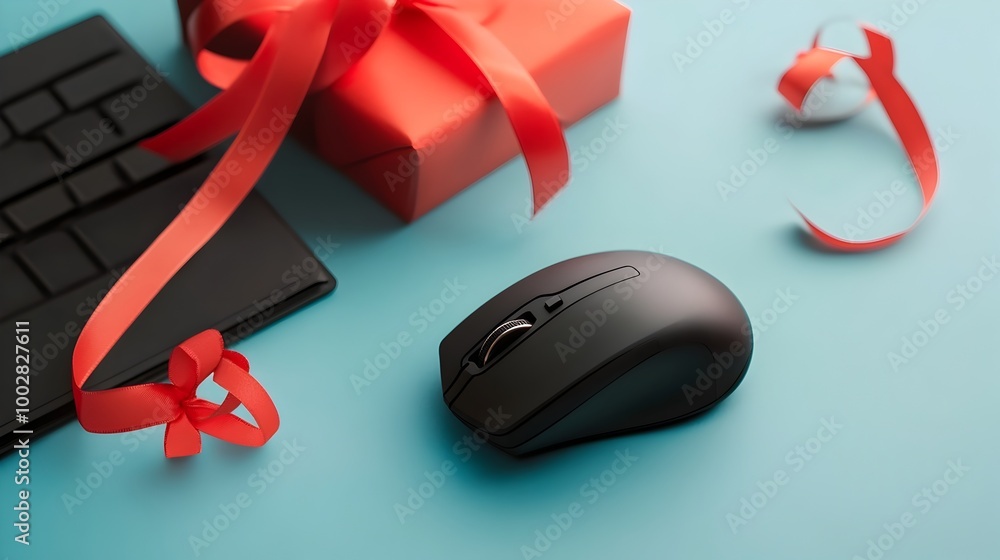 Poster a computer mouse wrapped in a ribbon like a gift symbolizing the excitement and deals of cyber monda