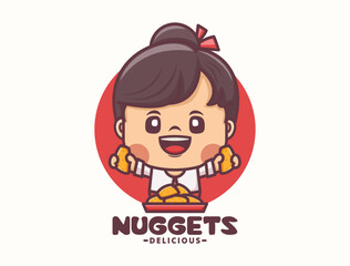 female cartoon mascot design with nuggets. food logo template
