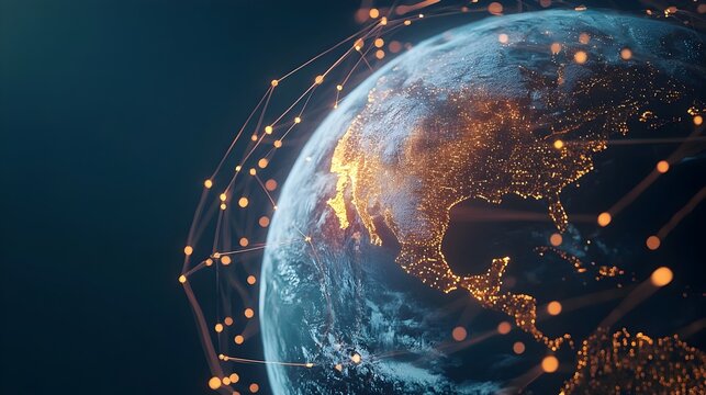 A globe wrapped in a network of glowing lines symbolizing the concept of globalization international business and the interconnected digital world of technology data and communication