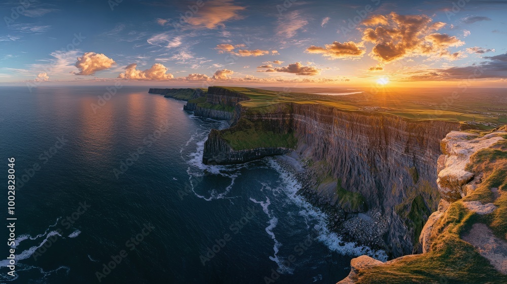 Poster the cliffs of moher rise dramatically from the atlantic ocean, illuminated by the warm glow of sunse