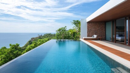 Fototapeta premium A serene modern villa with an infinity pool overlooking the ocean, surrounded by lush greenery and under a bright blue sky.