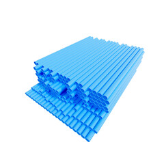 A stack of blue PVC pipes arranged in a rectangular pattern isolated on white background. 3D render.