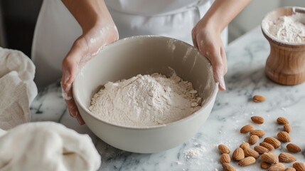 Fototapeta premium A professional chef preparing almond flour for baking, with a mixing bowl and scattered almonds on a marble countertop, showcasing a culinary creation process.